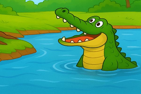 नदी में एक मगरमच्छ उसकी ओर देख रहा है